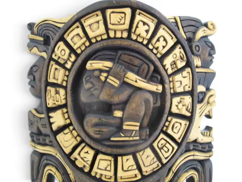 Mexican Hand Carved Wood Aztec/Mayan Warrior Headdress Calendar Wall Mask, photo 3 of 10