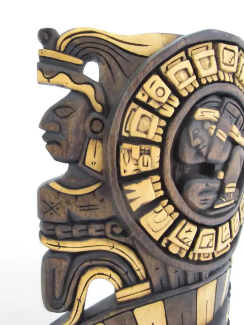 Mexican Hand Carved Wood Aztec/Mayan Warrior Headdress Calendar Wall Mask, photo 6 of 10