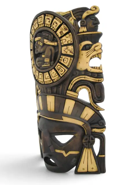 Mexican Hand Carved Wood Aztec/Mayan Warrior Headdress Calendar Wall Mask, photo 8 of 10
