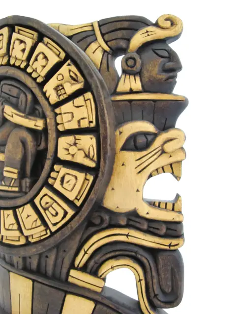 Mexican Hand Carved Wood Aztec/Mayan Warrior Headdress Calendar Wall Mask, photo 9 of 10