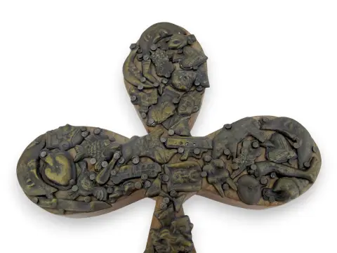 Milagros Mexican Folk Art Wall Cross With Sacred Nailed Amulets & Charms, photo 2 of 10