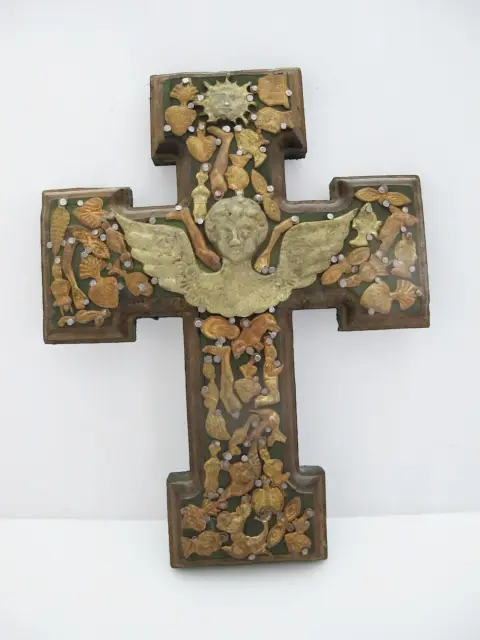 Milagros Mexico Folk Art Nailed Charms Guardian Angel Cherub Cross, photo 1 of 11