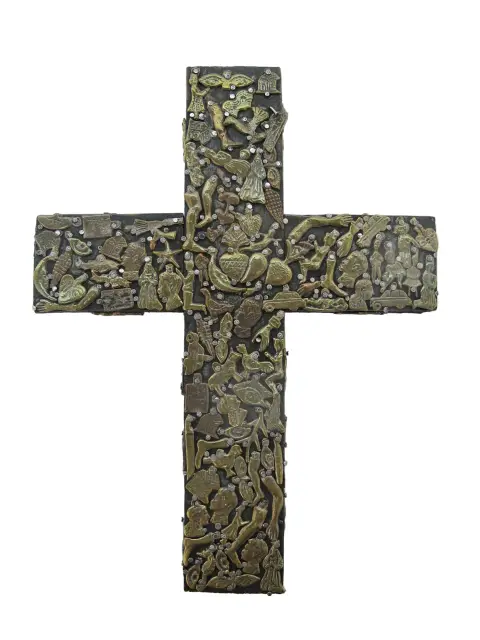 Milagros Nailed Brass Charms Mexico Folk Art Wall Hanging Cross, photo 1 of 8