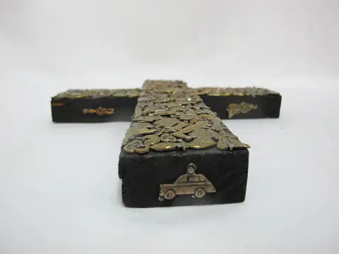 Milagros Nailed Brass Charms Mexico Folk Art Wall Hanging Cross, photo 2 of 8