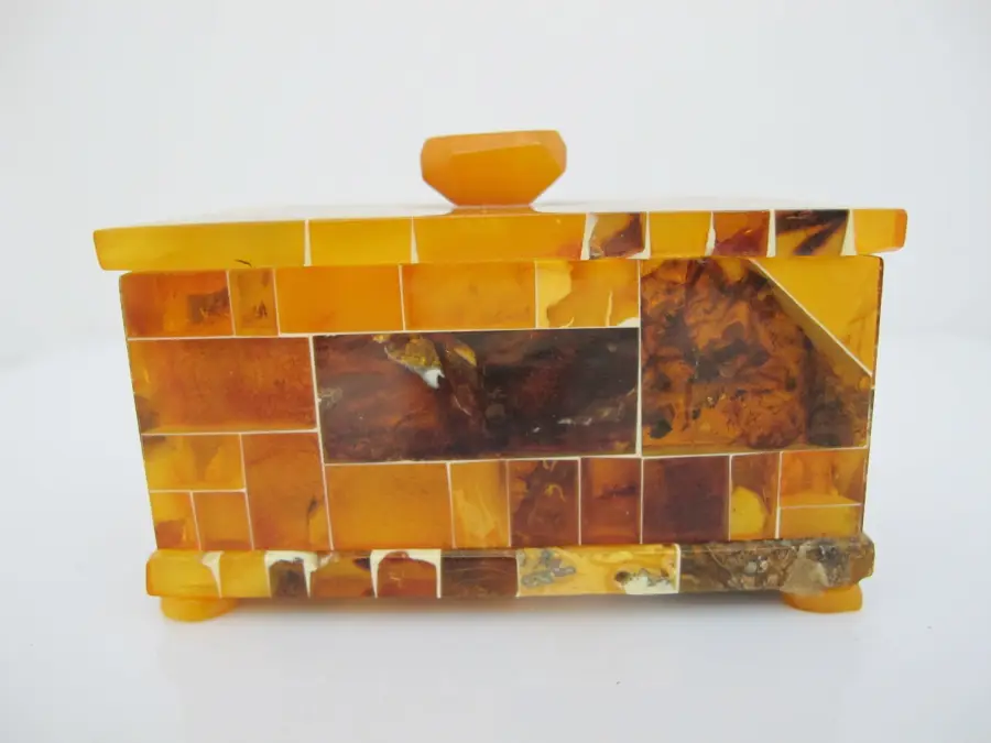 Mosaic Baltic AMBER Lidded Jewelry Trinket Box Casket