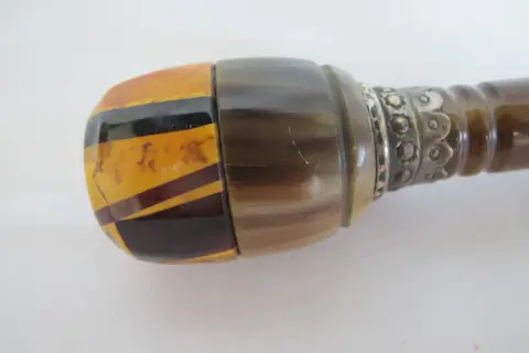 Natural Horn & Snakeskin Antique Walking Stick Gadget Cane With Hidden Corkscrew, photo 4 of 11