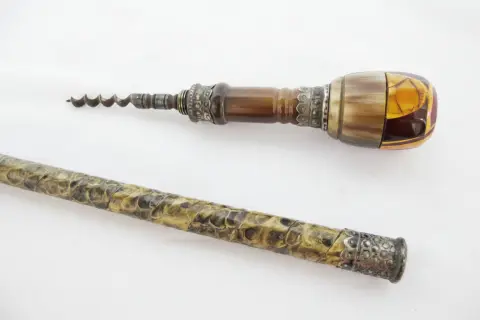 Natural Horn & Snakeskin Antique Walking Stick Gadget Cane With Hidden Corkscrew, photo 7 of 11