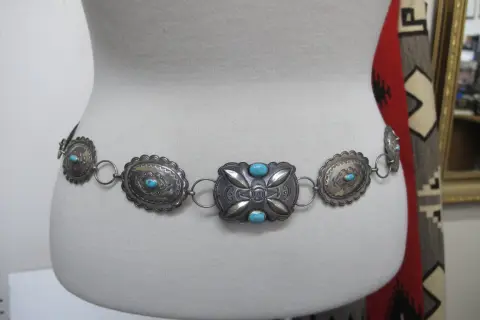 Navajo Native American Turquoise & Engraved Silver Concho Chain Link Belt, photo 1 of 12