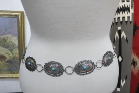 Navajo Native American Turquoise & Engraved Silver Concho Chain Link Belt, photo 2 of 12