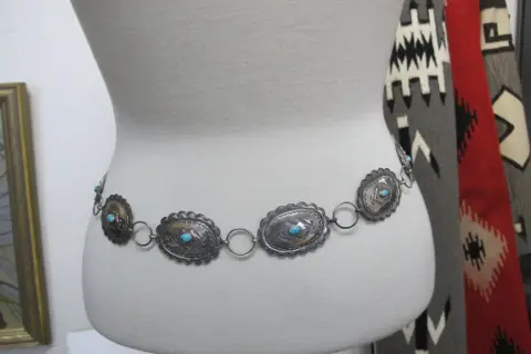 Navajo Native American Turquoise & Engraved Silver Concho Chain Link Belt, photo 4 of 12