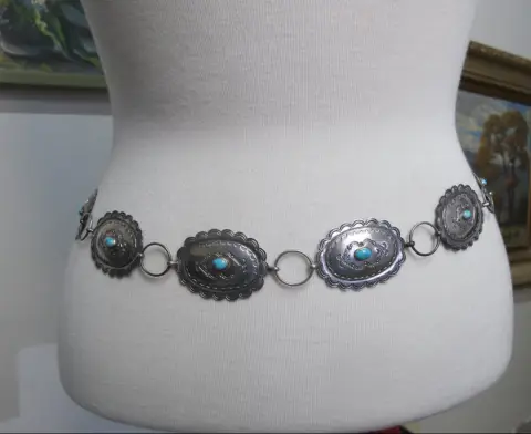 Navajo Native American Turquoise & Engraved Silver Concho Chain Link Belt, photo 5 of 12