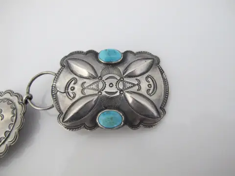 Navajo Native American Turquoise & Engraved Silver Concho Chain Link Belt, photo 6 of 12