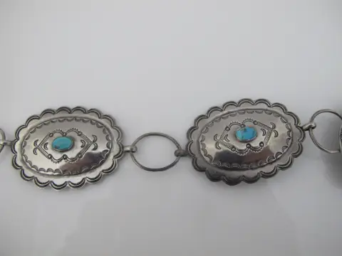 Navajo Native American Turquoise & Engraved Silver Concho Chain Link Belt, photo 7 of 12