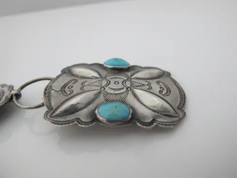 Navajo Native American Turquoise & Engraved Silver Concho Chain Link Belt, photo 8 of 12