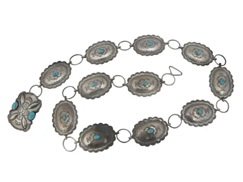 Navajo Native American Turquoise & Engraved Silver Concho Chain Link Belt, photo 9 of 12