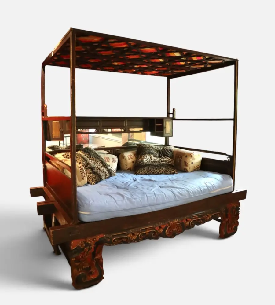 Ornate Hand Carved Chinese Canopy Wedding Bed With Mirrored Sideboard