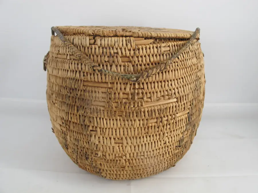 PACIFIC NW Coast Native American Hand Woven GEOMETRIC Interior Lidded Basket