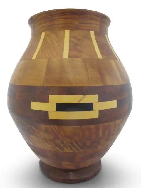 Pacific Nw Hand Turned Segmented Southwest Geometric Inlaid Wood Vase, photo 1 of 11