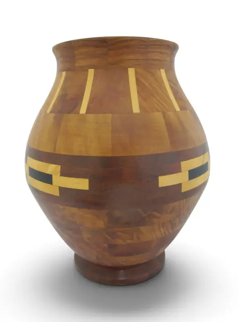 Pacific Nw Hand Turned Segmented Southwest Geometric Inlaid Wood Vase, photo 2 of 11