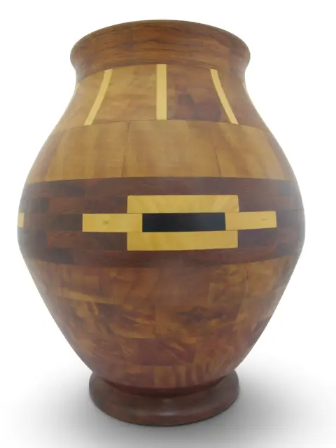 Pacific Nw Hand Turned Segmented Southwest Geometric Inlaid Wood Vase, photo 3 of 11