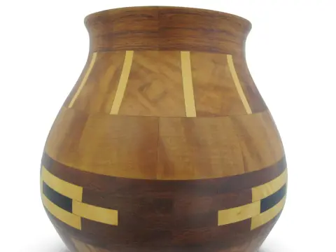 Pacific Nw Hand Turned Segmented Southwest Geometric Inlaid Wood Vase, photo 6 of 11