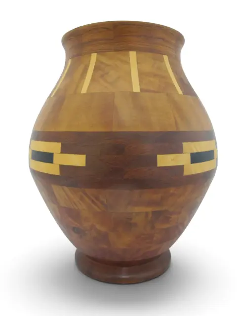 Pacific Nw Hand Turned Segmented Southwest Geometric Inlaid Wood Vase, photo 7 of 11