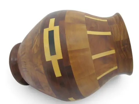 Pacific Nw Hand Turned Segmented Southwest Geometric Inlaid Wood Vase, photo 9 of 11