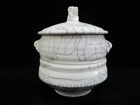 Raku Fired Crackle Glaze Studio Art Pottery Lidded Vessel Jar Signed, photo 1 of 10