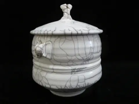 Raku Fired Crackle Glaze Studio Art Pottery Lidded Vessel Jar Signed, photo 2 of 10