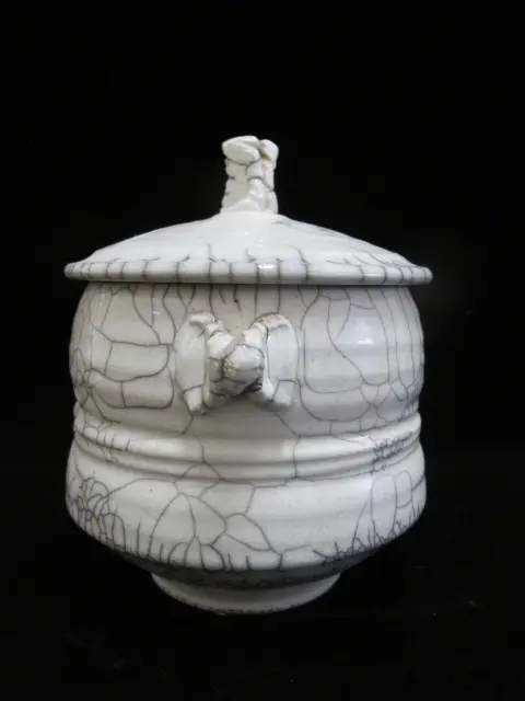 Raku Fired Crackle Glaze Studio Art Pottery Lidded Vessel Jar Signed, photo 3 of 10