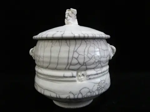 Raku Fired Crackle Glaze Studio Art Pottery Lidded Vessel Jar Signed, photo 4 of 10