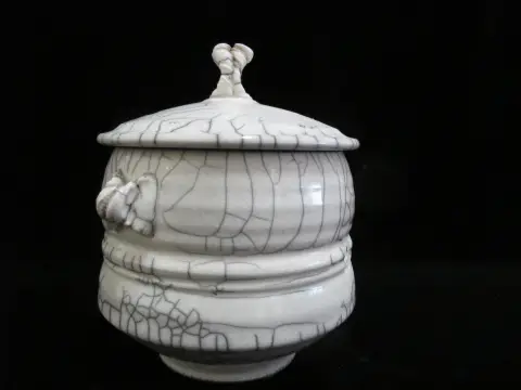 Raku Fired Crackle Glaze Studio Art Pottery Lidded Vessel Jar Signed, photo 6 of 10