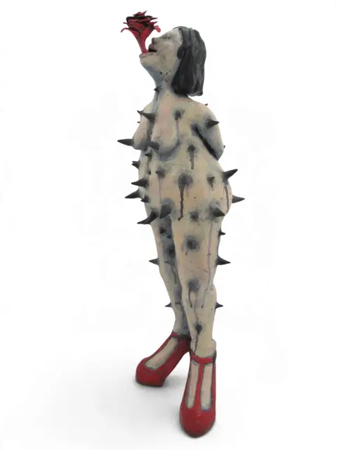 Rose Thorn Spiked Nude Woman in Red Heels Figure Studio Pottery Statue, photo 1 of 12
