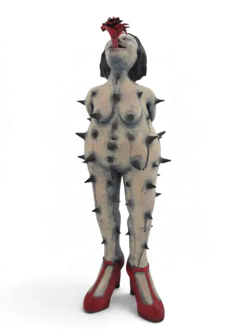 Rose Thorn Spiked Nude Woman in Red Heels Figure Studio Pottery Statue, photo 4 of 12