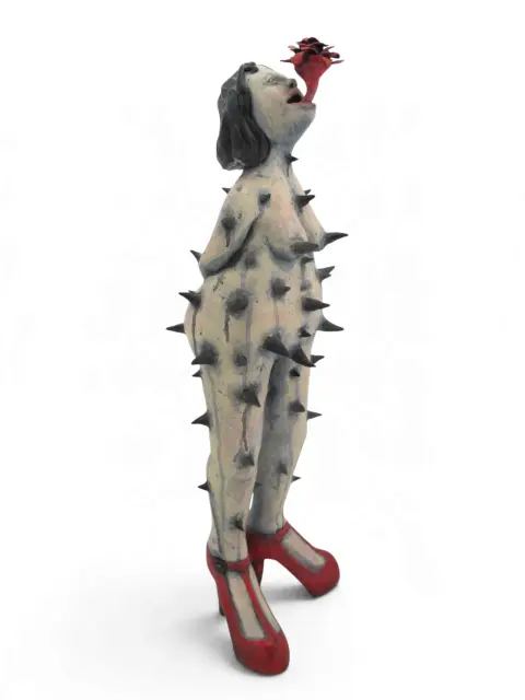 Rose Thorn Spiked Nude Woman in Red Heels Figure Studio Pottery Statue, photo 8 of 12