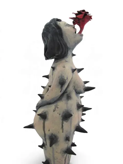 Rose Thorn Spiked Nude Woman in Red Heels Figure Studio Pottery Statue, photo 9 of 12