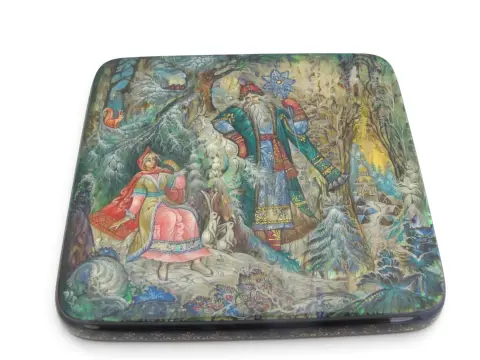 Russian Morozko Father Frost & Maiden Fairytale Hand Painted Lacquer Trinket Box, photo 2 of 11