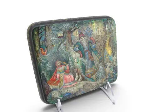 Russian Morozko Father Frost & Maiden Fairytale Hand Painted Lacquer Trinket Box, photo 3 of 11