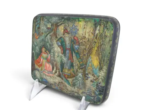 Russian Morozko Father Frost & Maiden Fairytale Hand Painted Lacquer Trinket Box, photo 4 of 11