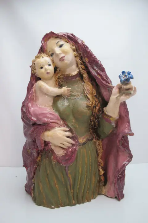 Susi Singer Terracotta Madonna With Blue Flower & Child 1951 Statue, photo 1 of 12