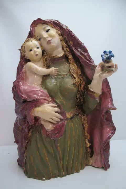Susi Singer Terracotta Madonna With Blue Flower & Child 1951 Statue, photo 2 of 12