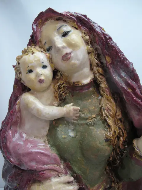 Susi Singer Terracotta Madonna With Blue Flower & Child 1951 Statue, photo 3 of 12