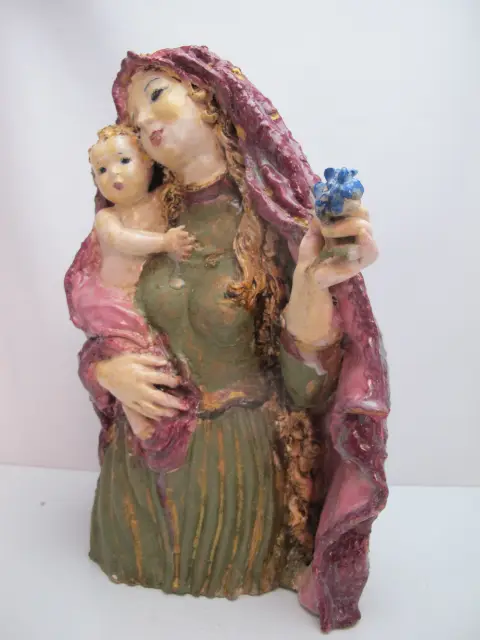 Susi Singer Terracotta Madonna With Blue Flower & Child 1951 Statue, photo 5 of 12