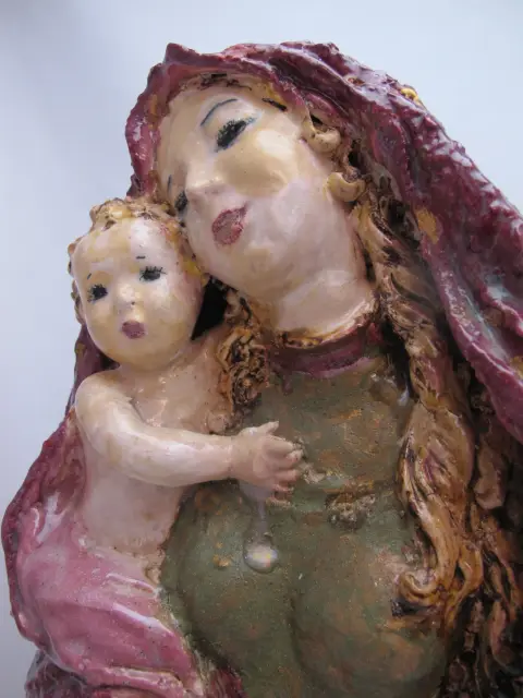 Susi Singer Terracotta Madonna With Blue Flower & Child 1951 Statue, photo 6 of 12