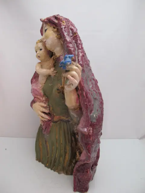 Susi Singer Terracotta Madonna With Blue Flower & Child 1951 Statue, photo 7 of 12