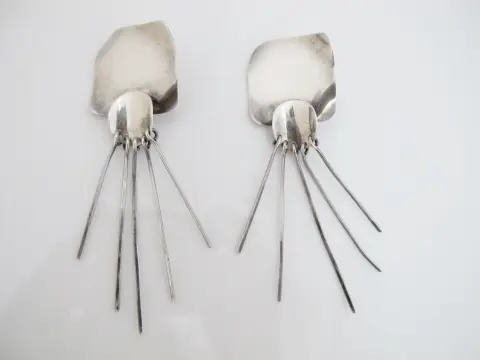 Taxco Alicia De La Paz Mexico Sterling Silver 950 Fringe Dangle Clip-On Earrings, photo 1 of 9
