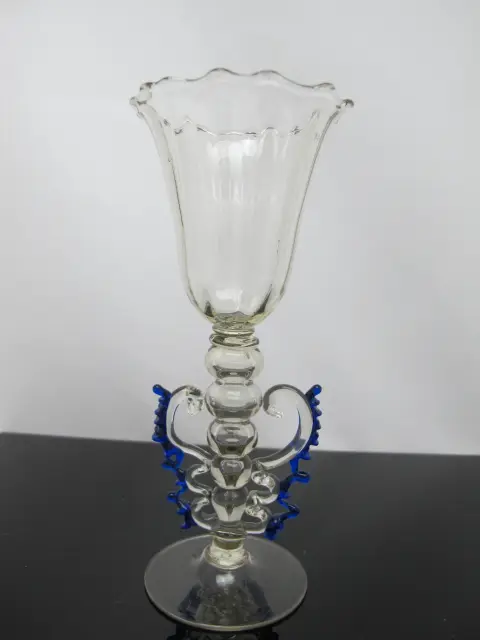 Venetian Hand Blown Art Glass Decorative Tipetto Wine Goblet With Blue Wings, photo 1 of 8