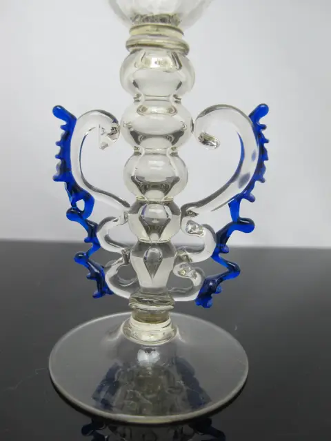 Venetian Hand Blown Art Glass Decorative Tipetto Wine Goblet With Blue Wings, photo 2 of 8