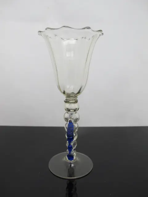 Venetian Hand Blown Art Glass Decorative Tipetto Wine Goblet With Blue Wings, photo 4 of 8