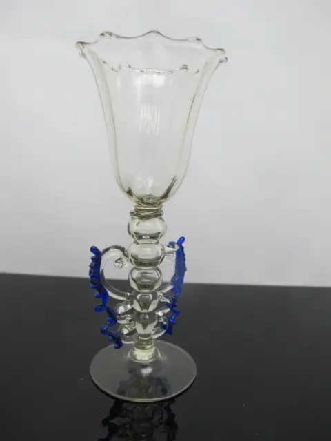 Venetian Hand Blown Art Glass Decorative Tipetto Wine Goblet With Blue Wings, photo 5 of 8